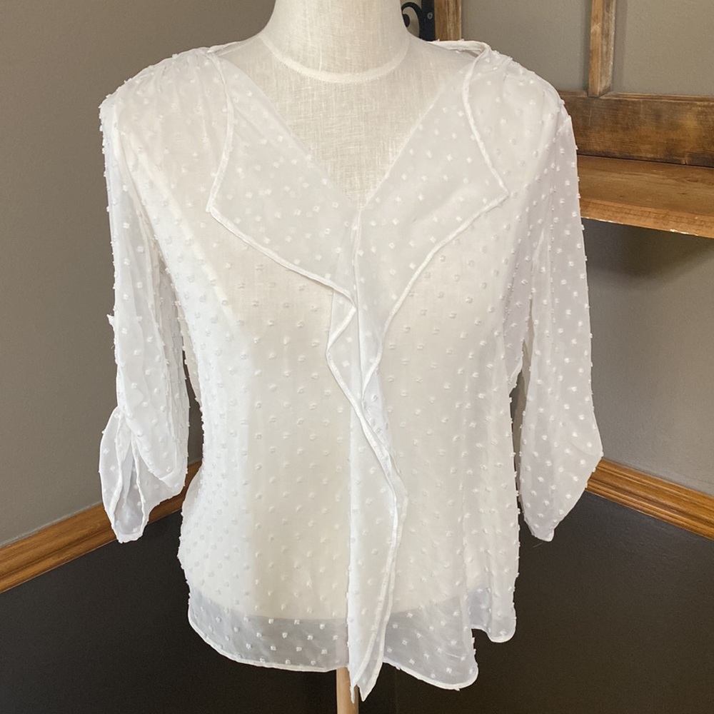 Ann Taylor off white sheer v neck 3/4 sleeve ruffle rosette pattern top size S